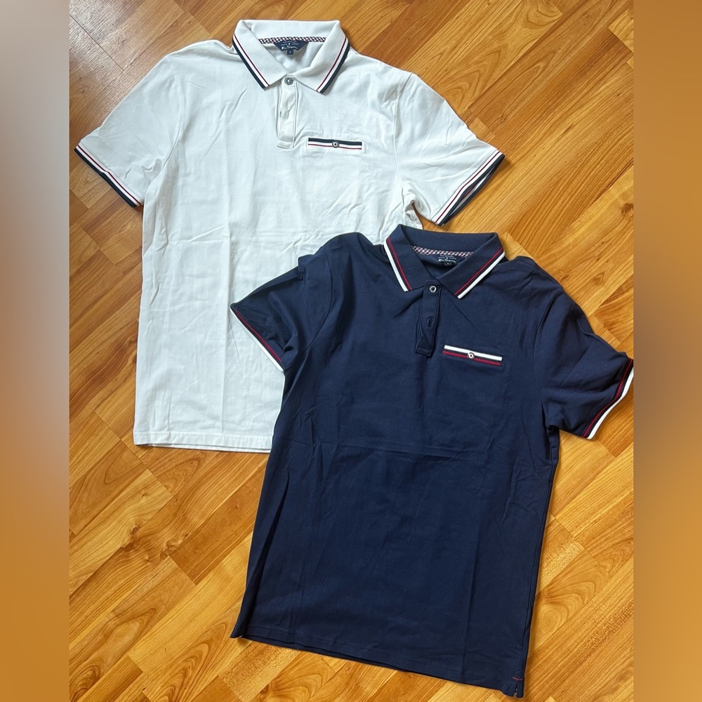Ben Sherman White and Navy Polo Shirts with Striped Trim